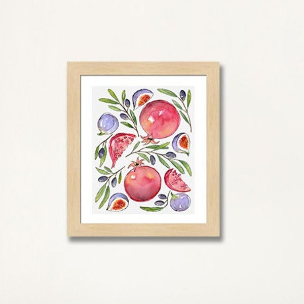 Fruit Watercolor Art Print, Greek Inspired Artwork, Kitchen Wall Art, Food Art, Pomegranate Art, Pomegranate, Fig, Olive Wall Art, Wall Art