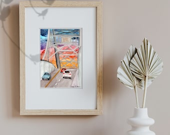 May include: A watercolor painting of a bridge with cars driving on it. The bridge is painted in shades of gray and the sky is a vibrant orange and pink sunset. The text "Welcome to the City" is on a sign above the bridge.