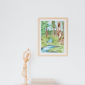 Watercolor Forest, Forest Art, Illustration, Watercolor Illustration, Art Print, Unframed Art Print, Trees, River, Cottagecore
