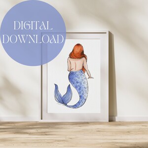 Impresión de arte de sirena de acuarela, decoración inspirada en el océano, arte de pared, arte de sirena, imprimible, arte de pared sin marco, descarga instantánea, descarga digital