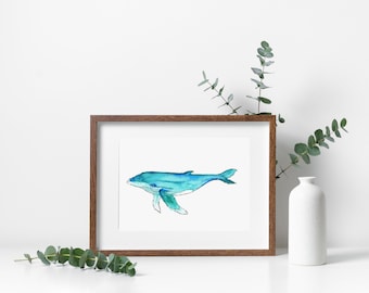 Whale - Watercolor Whale - Ocean Creatures - Watercolor Art Print - Beach House - Coastal - Art Print - Wall Art - Teal - Illustration