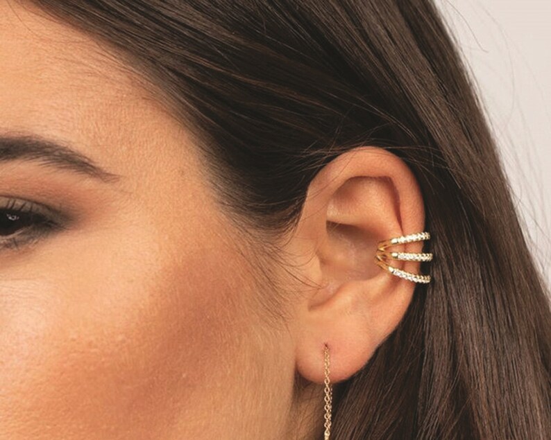 DK 100/% Genuine 925 Sterling Silver Three String Fine Zircon No Piercing Clip On Cuff Earrings 100056