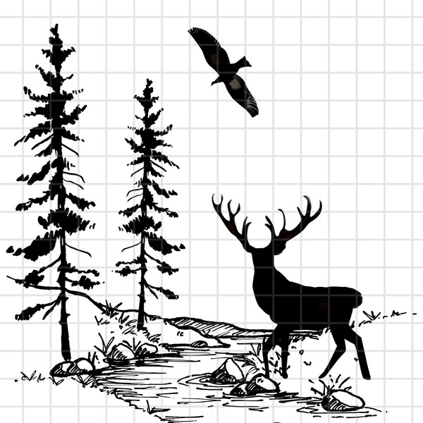 Deer and Eagle by River in Woods SVG - Outdoor SVG, Coffee Mug Svg, Sticker Png, T-Shirt Svg, Silhouette , Svg for Cricut, CNC Machine