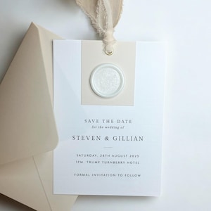 Modern Save the Date Wedding Invitation, Neutral Champagne Colour, with Wax Seal and Chiffon Ribbon, Printed