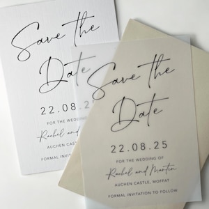 Welinowe zaproszenia ślubne Save the Date, nowoczesny i minimalistyczny design, wydrukowane w formacie A6 z kopertami