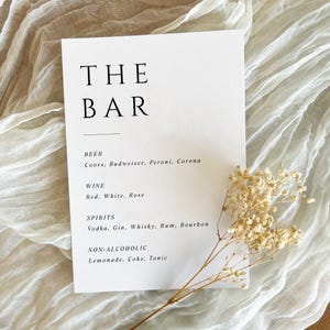 Panneau de mariage minimaliste avec menu/liste des boissons, personnalisé et imprimé