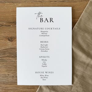Cartello per la lista delle bevande del bar per matrimoni: personalizzabile, stampato, con cavalletto opzionale.