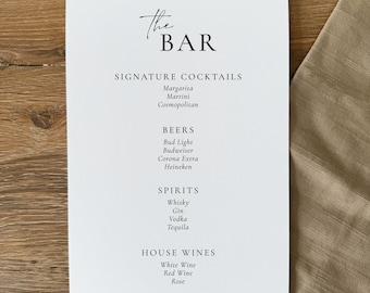 Bar Drinks List Wedding Sign: Personalised, Printed, Optional Easel