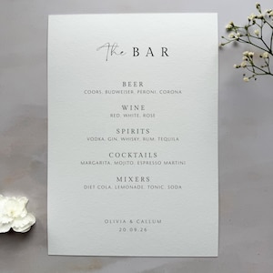 Minimalist Bar Menu / Drinks List Wedding Sign, Personalised and Printed