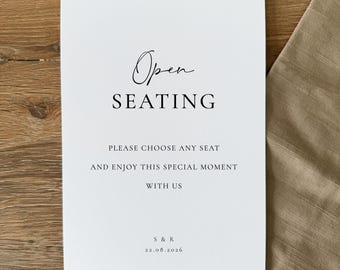 Open Seating Wedding Sign: Personalised, Printed, Optional Easel