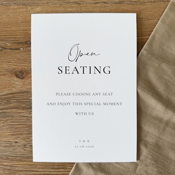 Open Seating Wedding Sign: Personalised, Printed, Optional Easel