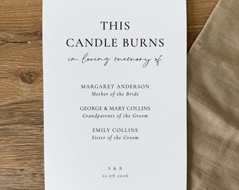 This Candle Burns Memorial Wedding Sign: Personalised, Printed, Optional Easel
