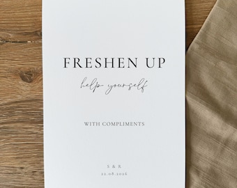 Freshen Up Toiletries Wedding Sign: Personalised, Printed, Optional Easel