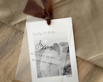 Personalised Bridesmaid or Maid of Honour Photo Proposal Card with Vellum and Chiffon Ribbon