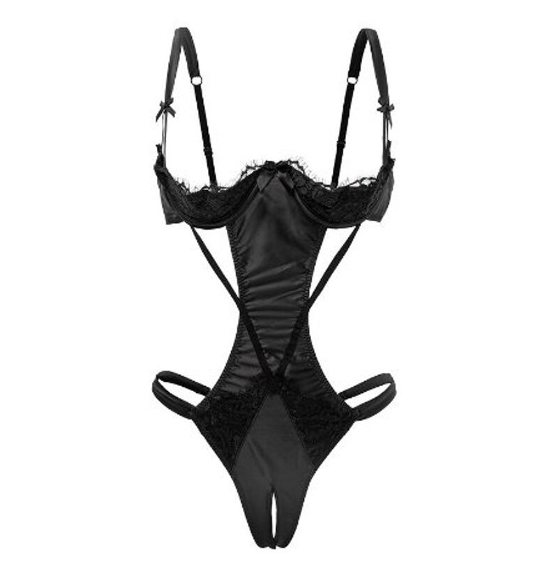 KASIA Black Crotchless and Cupless Lace Bodysuit Etsy