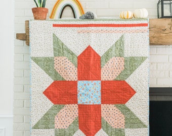 Modern Large Floral Hand Quilted Quilt in Orange and Green