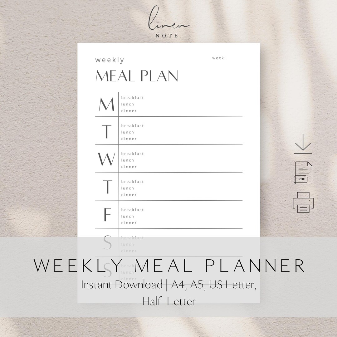 Minimalist Weekly Meal Planner - Printable - Etsy