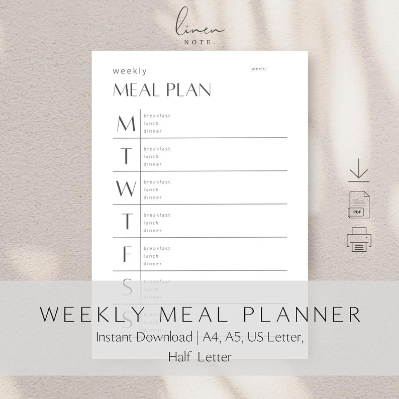 Minimalist Weekly Meal Planner - Printable - Etsy