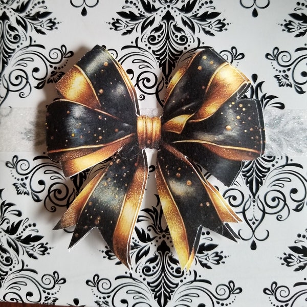 24 Die Cut Black and Gold Printed Graphic Paper Bows for Card Making, Journals, Scrapbooking, Garlands and Bulletin Boards | 1" to 11" |