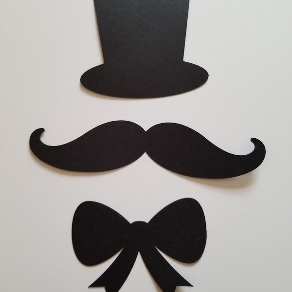 Die Cut Top Hat, Mustache, Bow for Bulletin Board Decor, Card Making, Scrapbooking, Junk journal Ephemera - Set of 24 (8 of each)