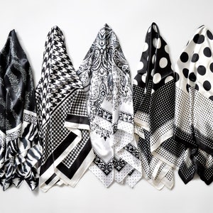 Black and White Geometric Scarf, 90x90cm Square Scarf, Polka Dot Hijab, Vintage Head Scarf, Square Satin Scarf Gift Set for Women