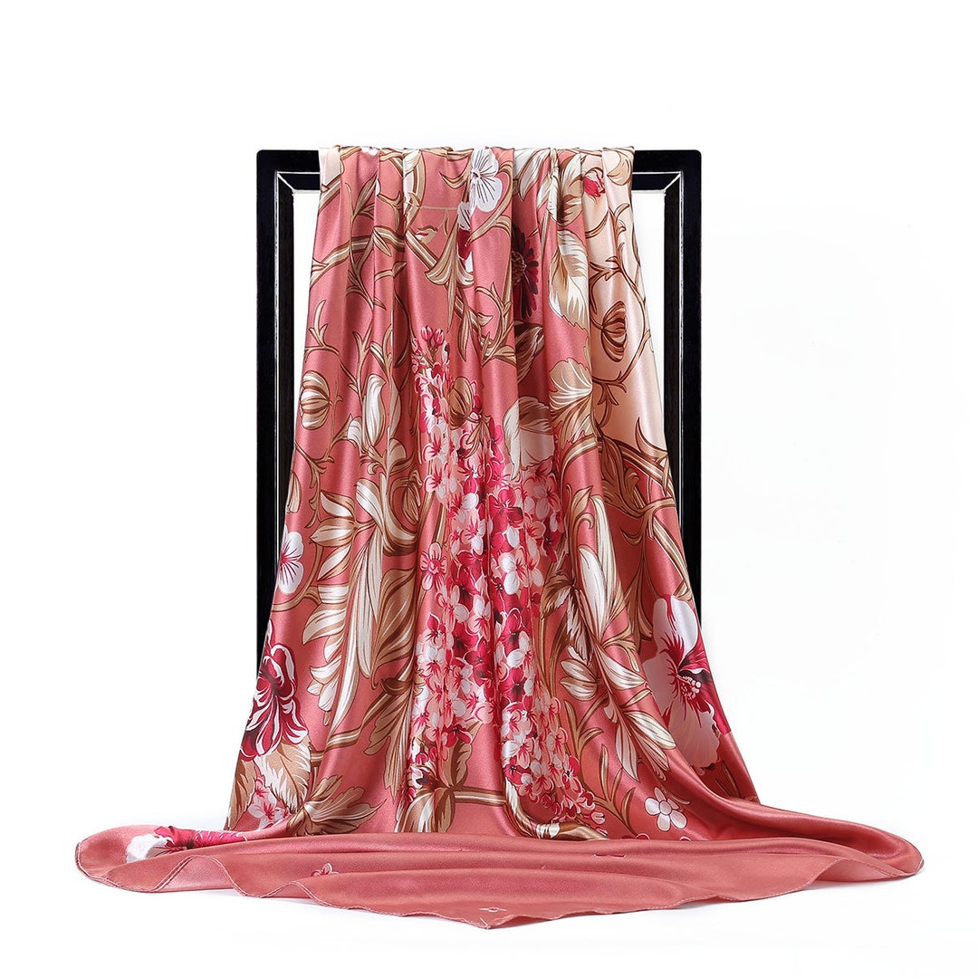 Pastel Red Botanical Square Scarf, Garden Flower Square Scarf, 35 Large Silky Satin Scarf ...