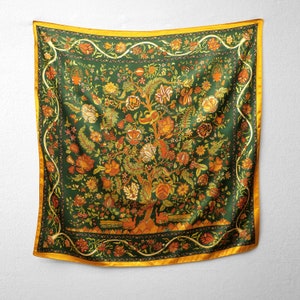 Green and Gold Tree of Life Pattern Silk Polyester Scarf, Floral Scarf, Bandanna, Hair Scarf, Unique Head Scarf, Square Summer Gift for Her
