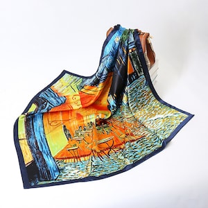 Van Gogh Café Terrace at Night Bohemian Scarf Fine Art Bandana Vintage Head Wrap Square Painting Satin Scarf Gift for Her