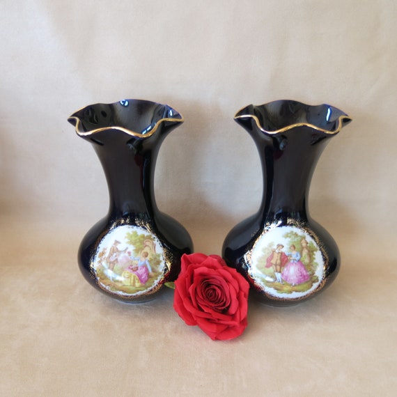 Pair of Vintage Limoges Castel 22K Vases - Gold Trim - Courting Couples - Rare - Beautiful Gift - Made in France