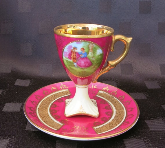Vintage Pedestal Demitasse Cup with Saucer with Gold Filigree and Victorian Courting Couple - Rare Find