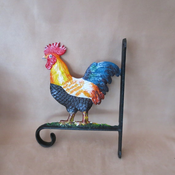Cast Iron Hanging Basket Bracket with Cockerel/Rooster - Hand Painted