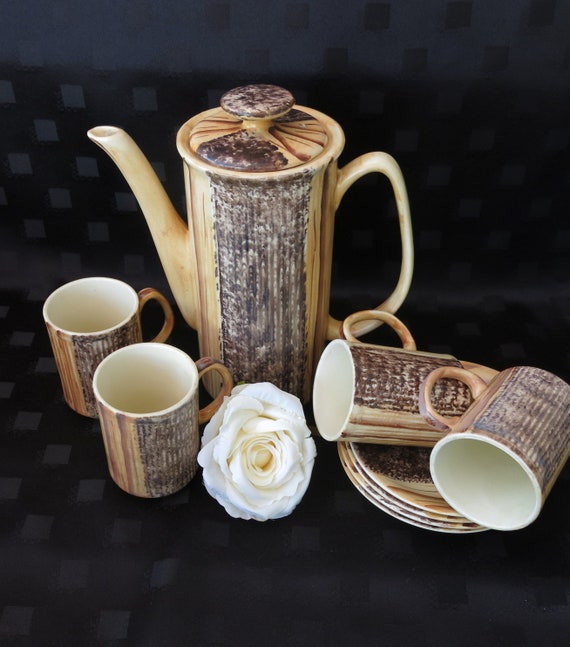 Vintage Price Kensington Pottery Phoenician Wood Effect Coffee Pot with 4 Cups and Saucers - 1970s