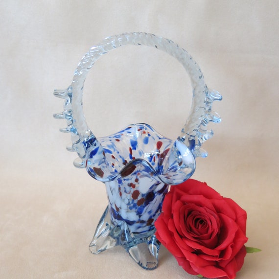 Murano Posy Basket  Blue Speckled 18 cm High Vintage Gorgeous Gift