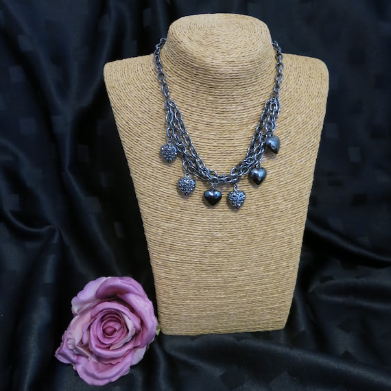 Beautiful Charcoal Necklace/Chain with 6 Heart Pendants - Length 20 inch - Adjustable - Costume Jewellery - Gift for Her