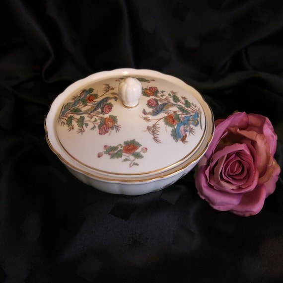 Vintage - Wedgwood - Kutani Crane - Round Lidded Trinket Dish - Bone China - Made in England