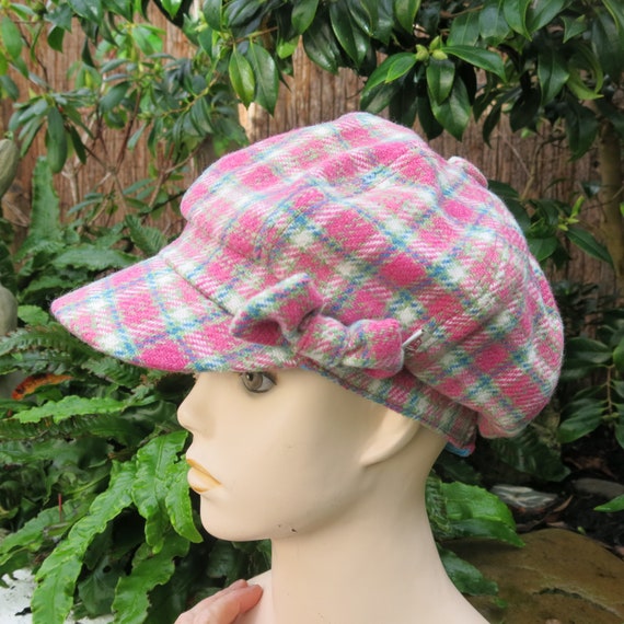 Vintage Flat Cap Women's Woollen Pink Tartan Flat Cap with Bow by Ness - Quality Warm Hat - Gorgeous Colours, Special Gift