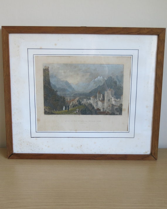 Vintage - Rare W. H. Bartlett and H. Adlard engraved  19th century view of ruins of the Episcopal Palace, Sion, Switzerland (Canton Valais)