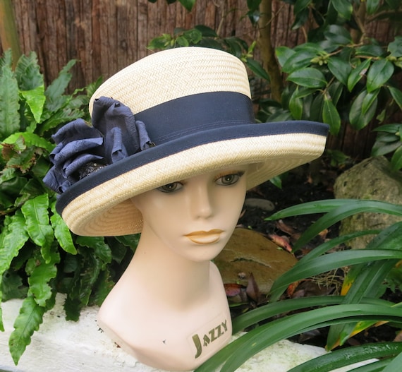 Vintage Ladies Straw Hat with Black Ribbon and Dark Blue Flower - Elegant - By J Taylor Milliner - Inner Band Measurement - 22 inch/56 cm