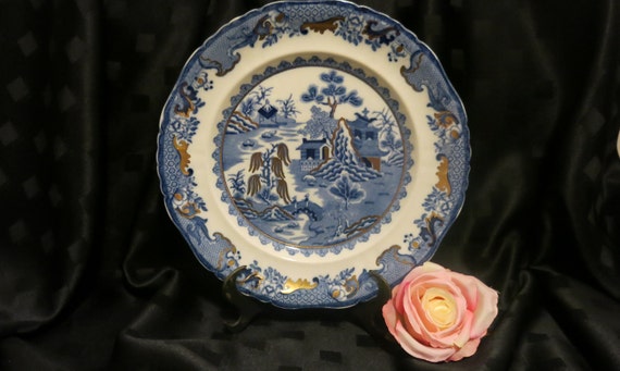 Rare - Vintage Mason's Ironstone China Oriental Blue and White Plate with Gold Hand Painted Outlines