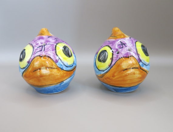 Vintage Hand Painted Fish Salt and Pepper Pots - Colourful - Fun Gift