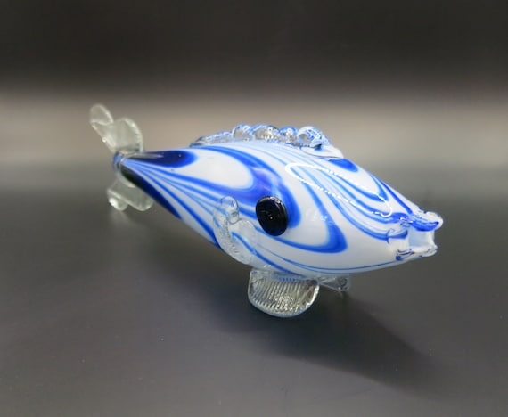 Murano Style Blue and White Glass Ornamental Fish  9 1/2 inch in Length Collectible Vintage