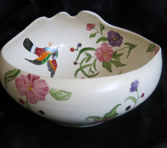 Vintage Burleigh Pottery Bowl – Hand Painted Birds & Flowers