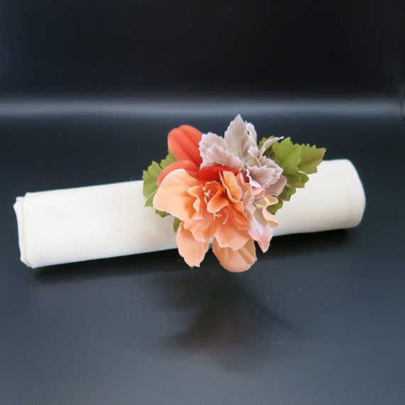 Peach, Grey and Red - Artificial Flowers Napkin Rings - Wedding/Party/Favours x 6