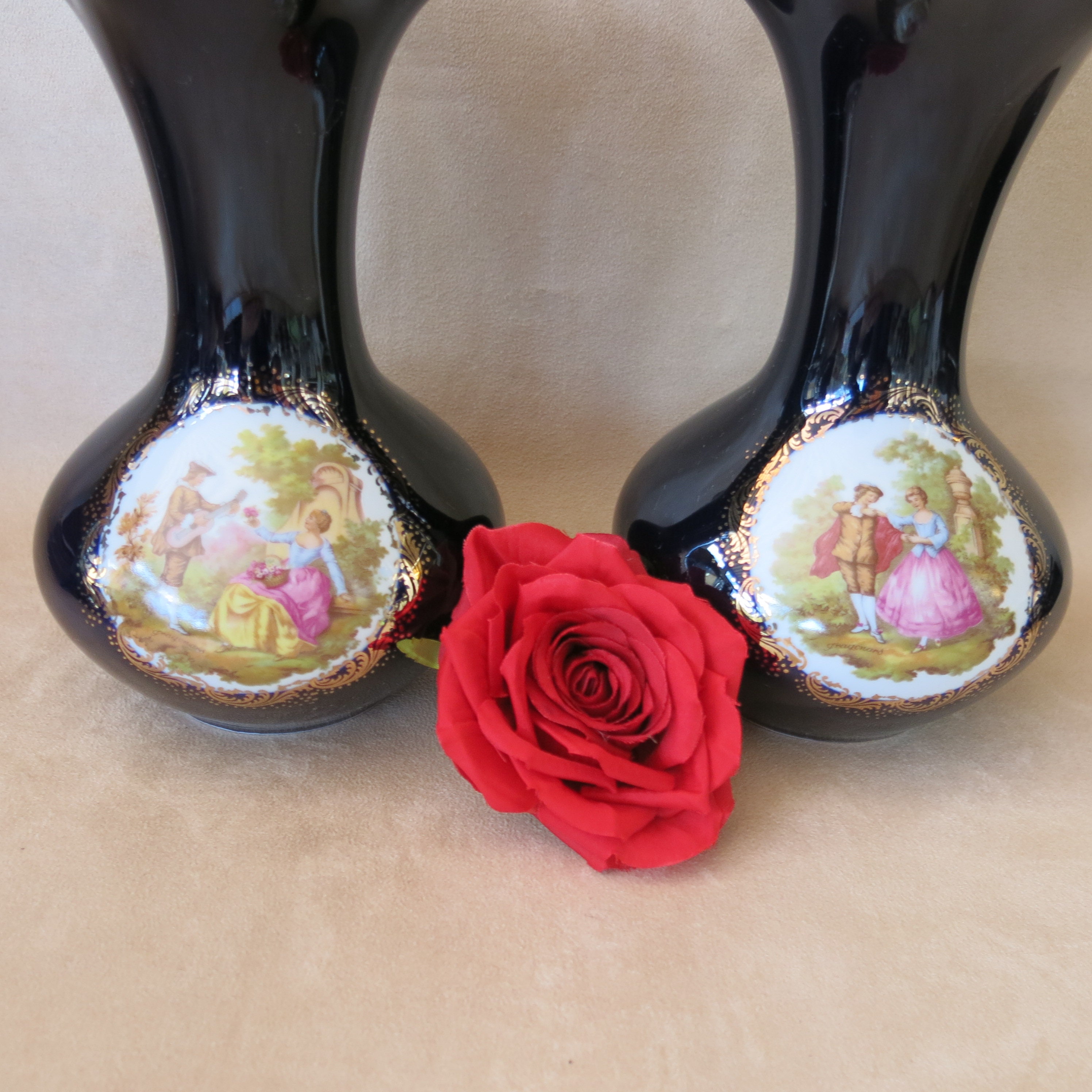 Vintage Limoges Castel Vases: 22K Gold Trim, Courting Couple