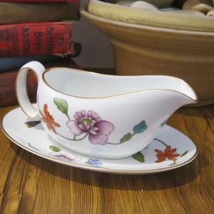 Gravy Boat and Saucer Flower Design by Royal Worcester True Porcelain Vintage Made in England