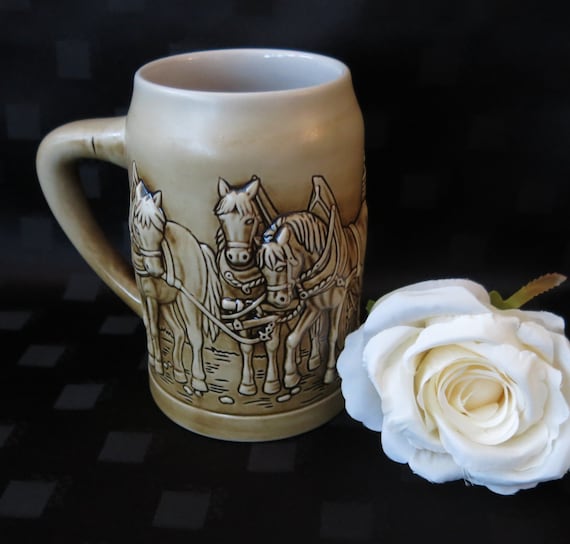 Vintage Austrian Beer Stein/Tankard - 14 cm Tall - Rare - Stoneware - Horse and Cart Beer Barrel on Delivery - Collectible - Man Cave