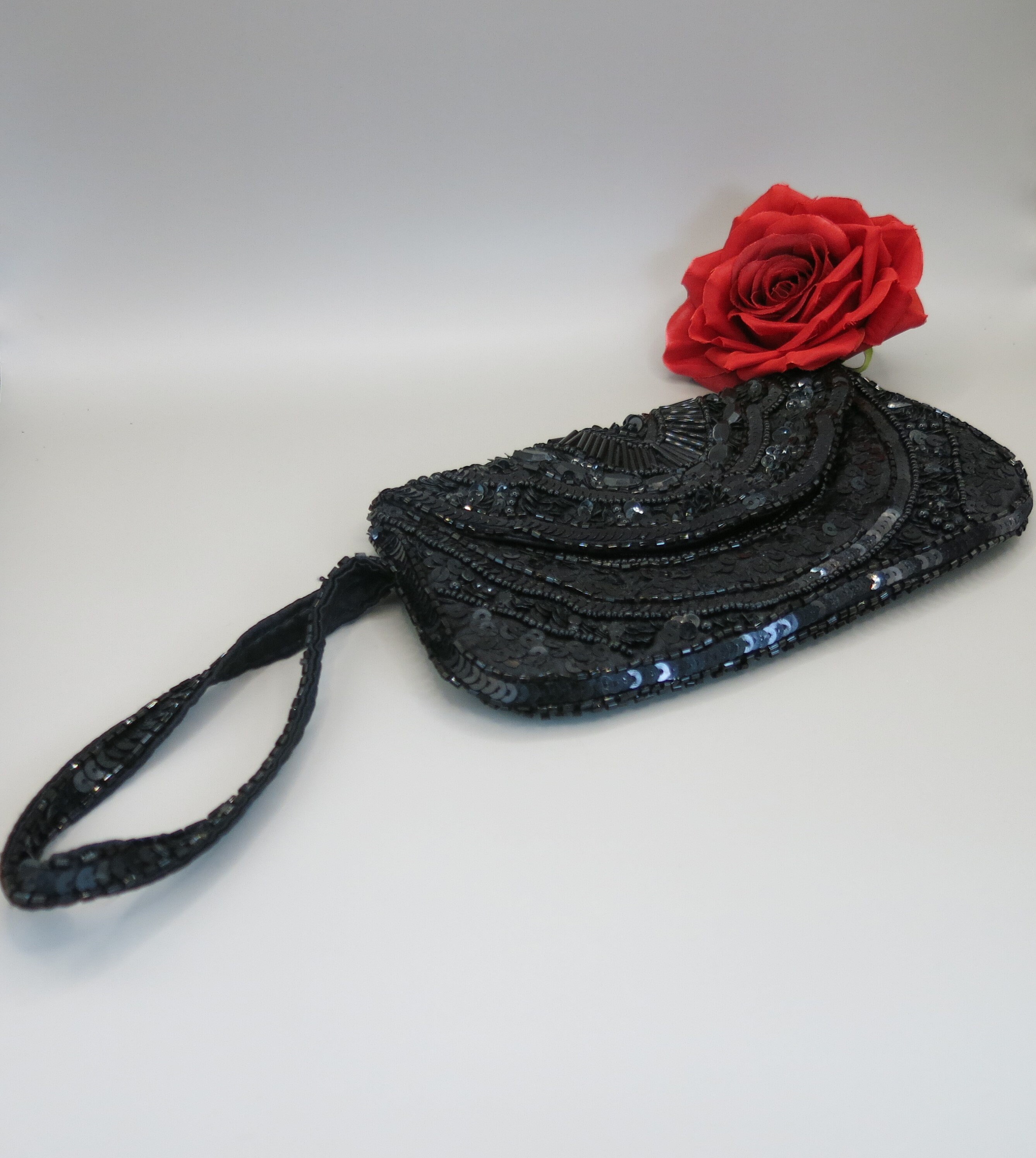 Sequins Flower Evening Bag, Vintage Black Velvet Clutch Purse