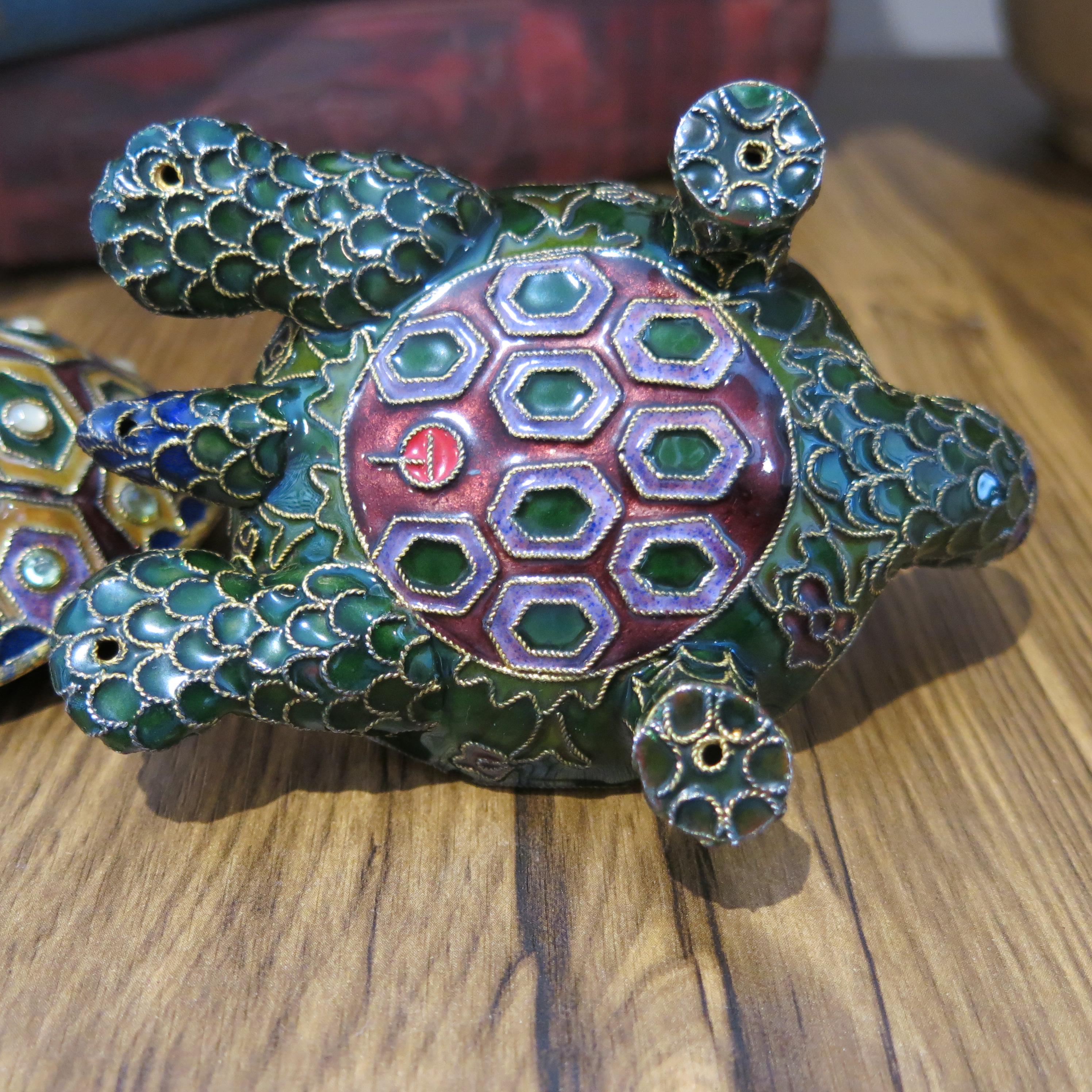 Vintage Multi-coloured Turtle Enamel Jewelled Trinket Box in