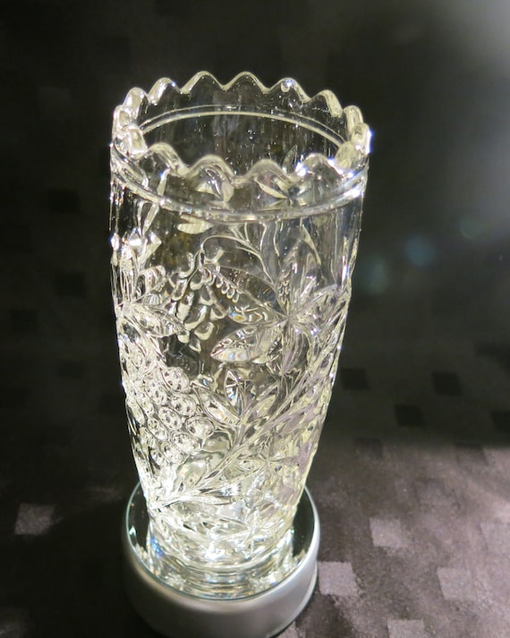 Vintage Cut Glass Vase - Grape Vine Design - 7 1/2 inches high