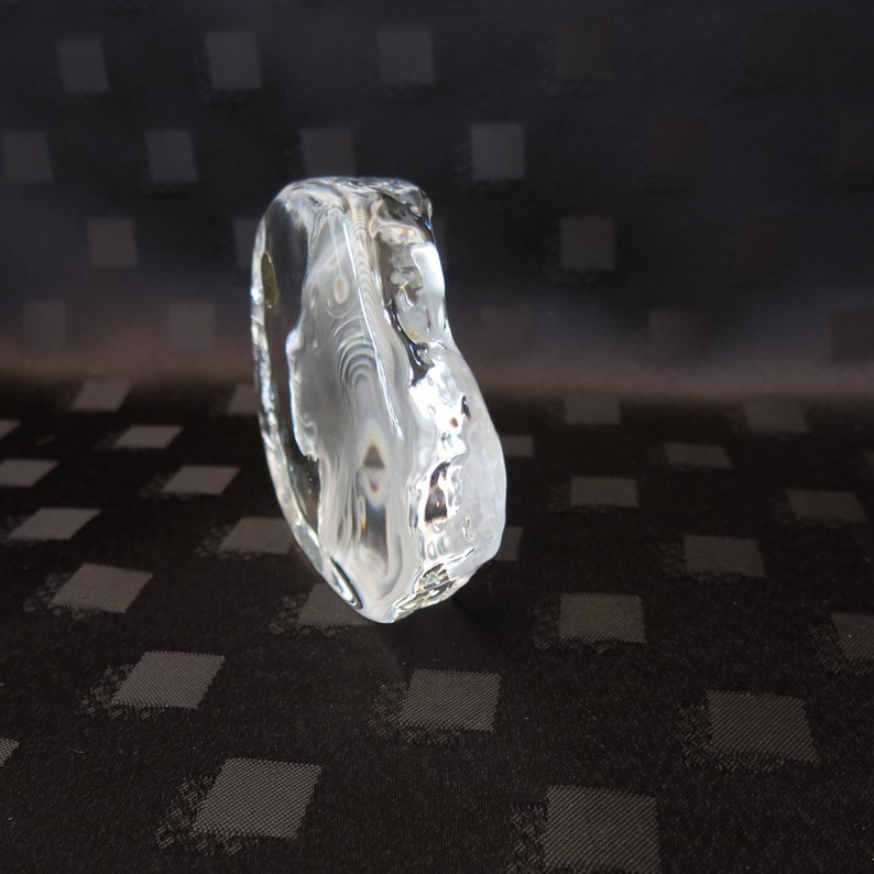 May include: A clear, sculpted glass art piece with an organic, rounded shape. The transparent object has a textured surface and reflects light, creating a shimmering effect. The background is a dark fabric with a square pattern.